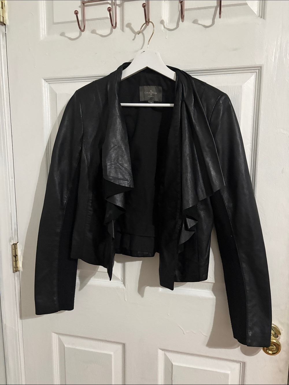 Cole Haan Black Faux Leather Draped Jacket